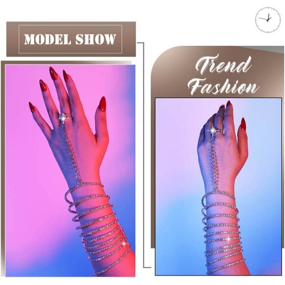 Rhinestone Silver Hand Chain Bracelet Jewelry with Adjustable Link Chain - Picture 5 of 7